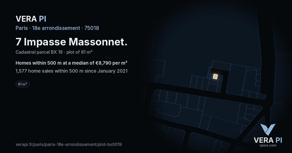 7 Impasse Massonnet, 18e arrondissement at night – the plot lit, the parcels around coloured by the prices near them