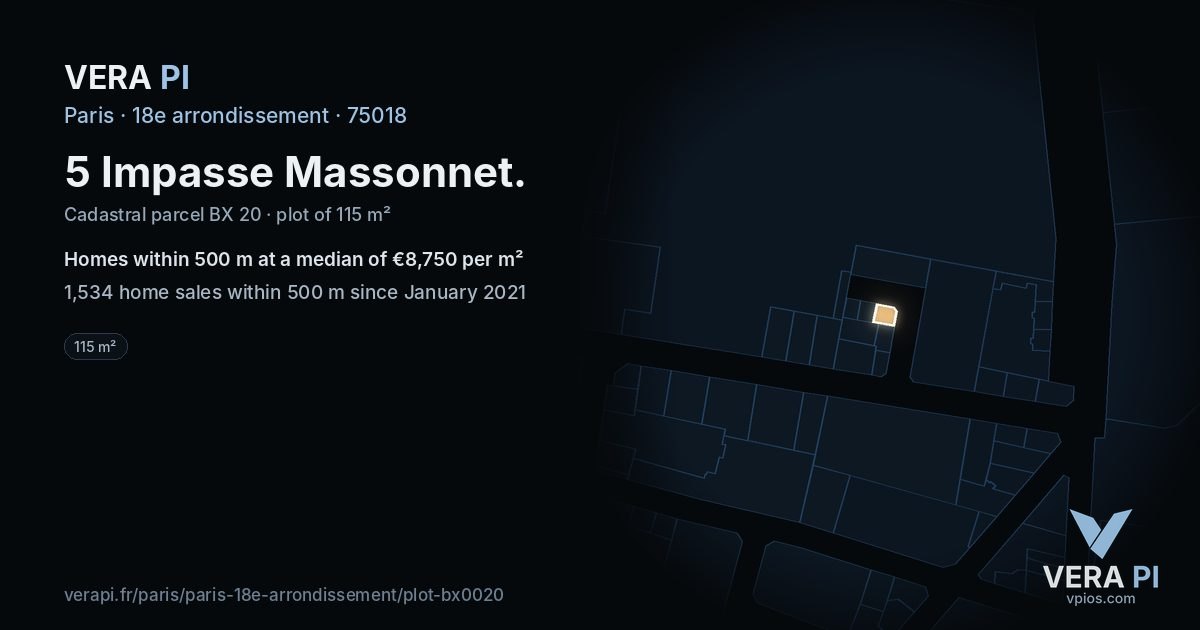 5 Impasse Massonnet, 18e arrondissement at night – the plot lit, the parcels around coloured by the prices near them