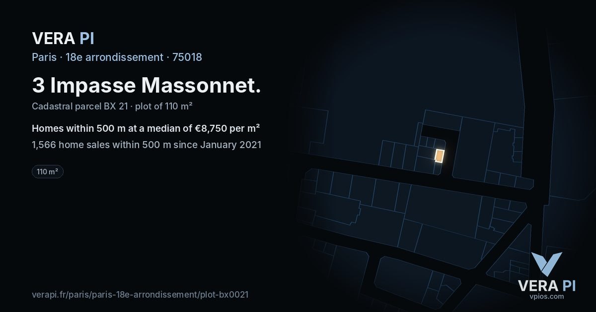 3 Impasse Massonnet, 18e arrondissement at night – the plot lit, the parcels around coloured by the prices near them