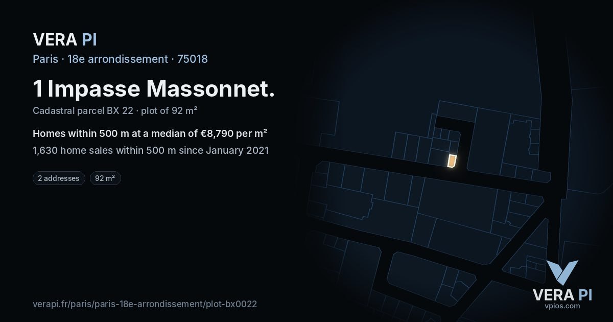 1 Impasse Massonnet, 18e arrondissement at night – the plot lit, the parcels around coloured by the prices near them