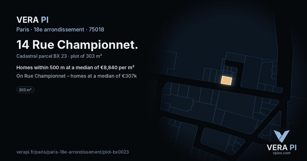 14 Rue Championnet, 18e arrondissement at night – the plot lit, the parcels around coloured by the prices near them