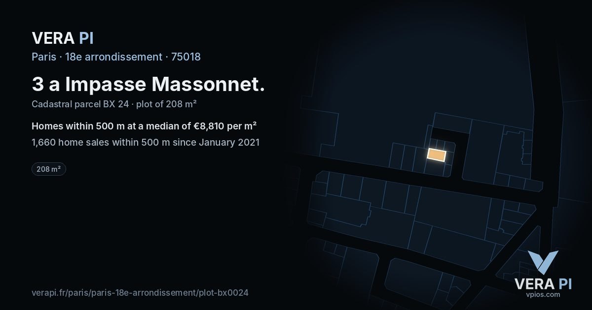 3 a Impasse Massonnet, 18e arrondissement at night – the plot lit, the parcels around coloured by the prices near them