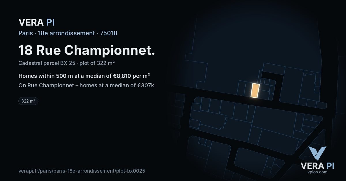18 Rue Championnet, 18e arrondissement at night – the plot lit, the parcels around coloured by the prices near them