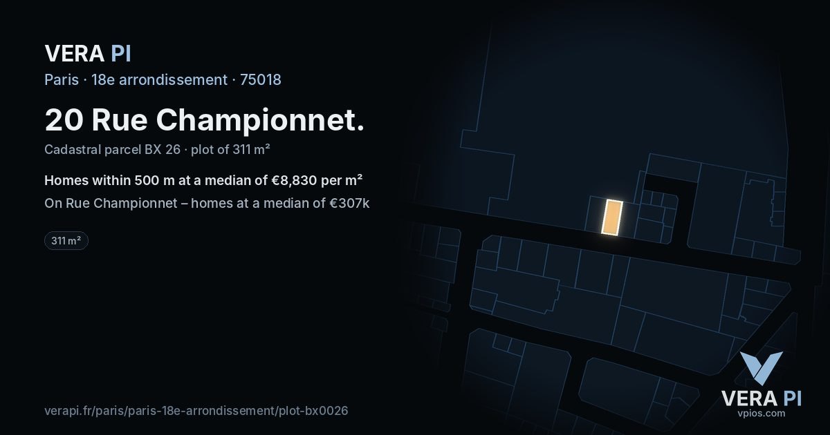 20 Rue Championnet, 18e arrondissement at night – the plot lit, the parcels around coloured by the prices near them