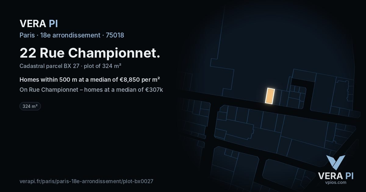 22 Rue Championnet, 18e arrondissement at night – the plot lit, the parcels around coloured by the prices near them
