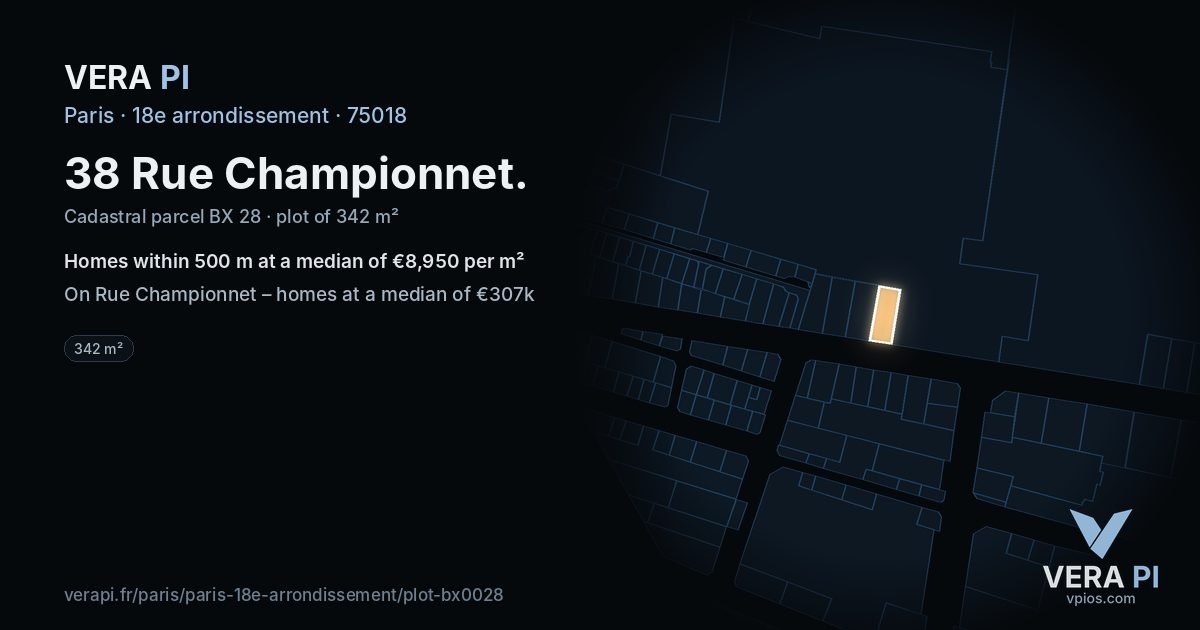 38 Rue Championnet, 18e arrondissement at night – the plot lit, the parcels around coloured by the prices near them
