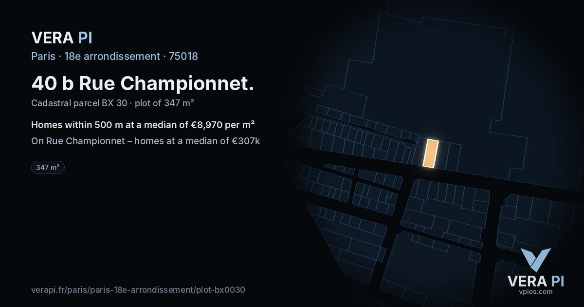 40 b Rue Championnet, 18e arrondissement at night – the plot lit, the parcels around coloured by the prices near them