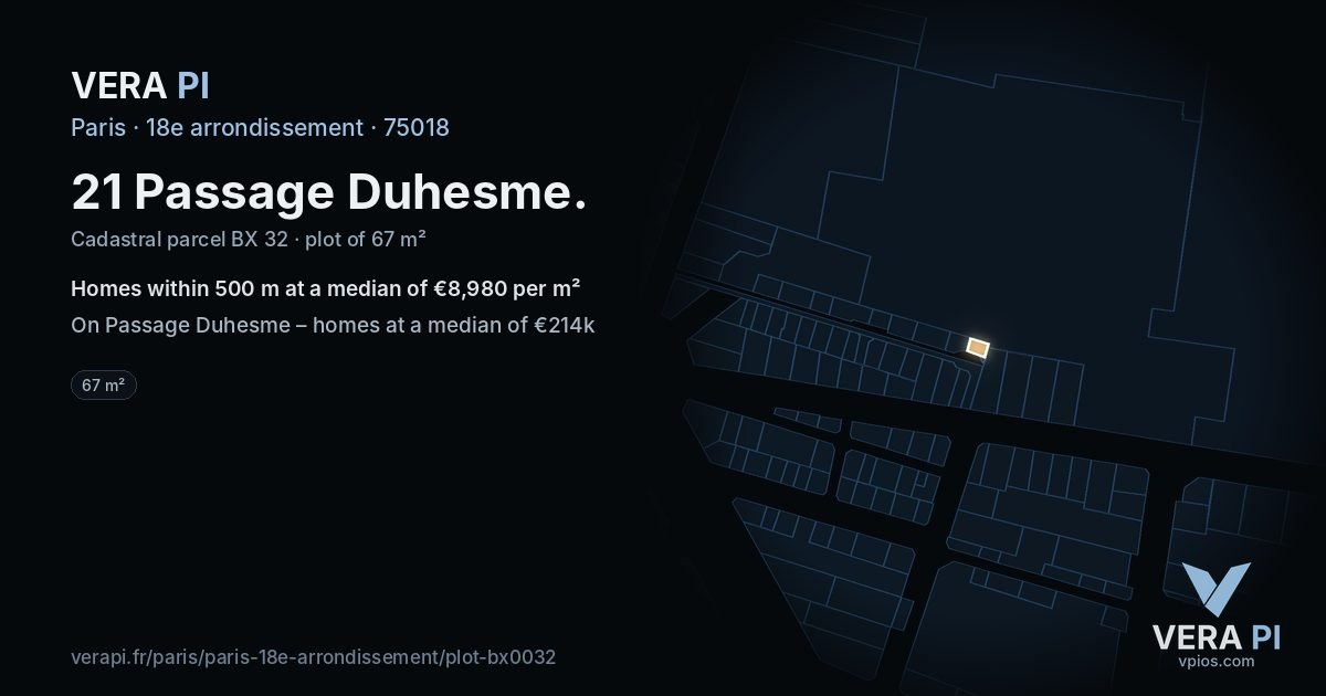 21 Passage Duhesme, 18e arrondissement at night – the plot lit, the parcels around coloured by the prices near them