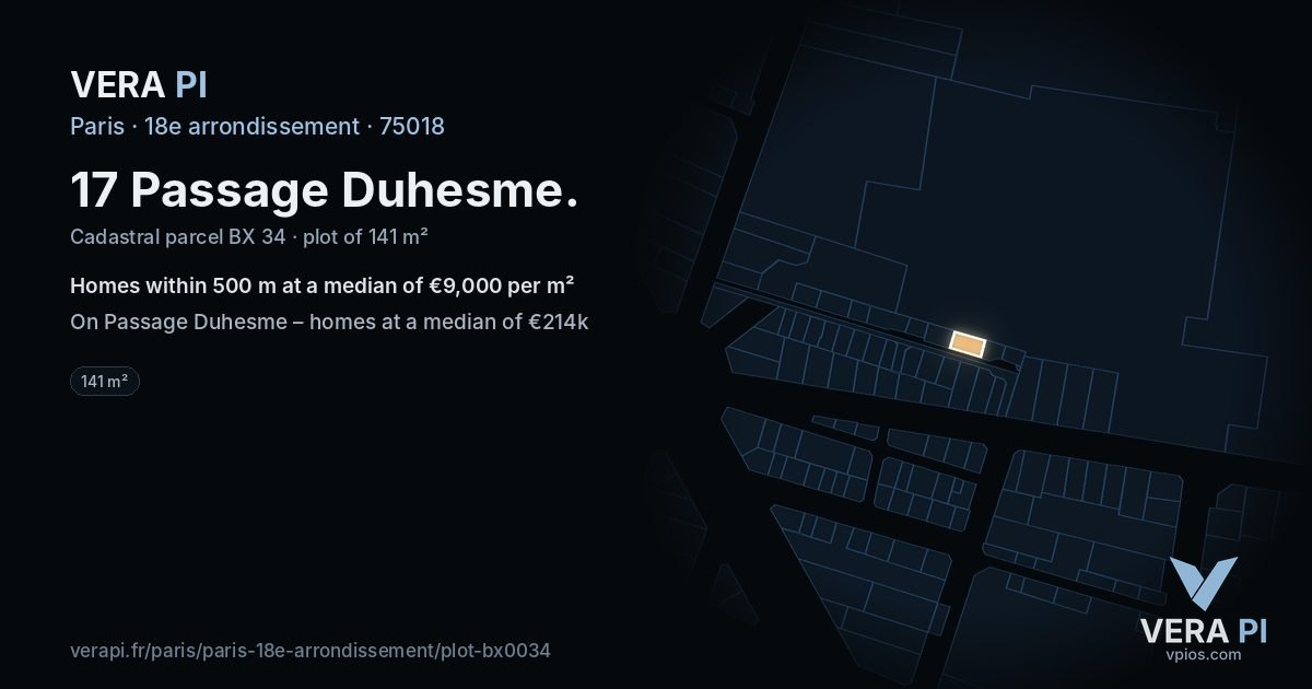 17 Passage Duhesme, 18e arrondissement at night – the plot lit, the parcels around coloured by the prices near them