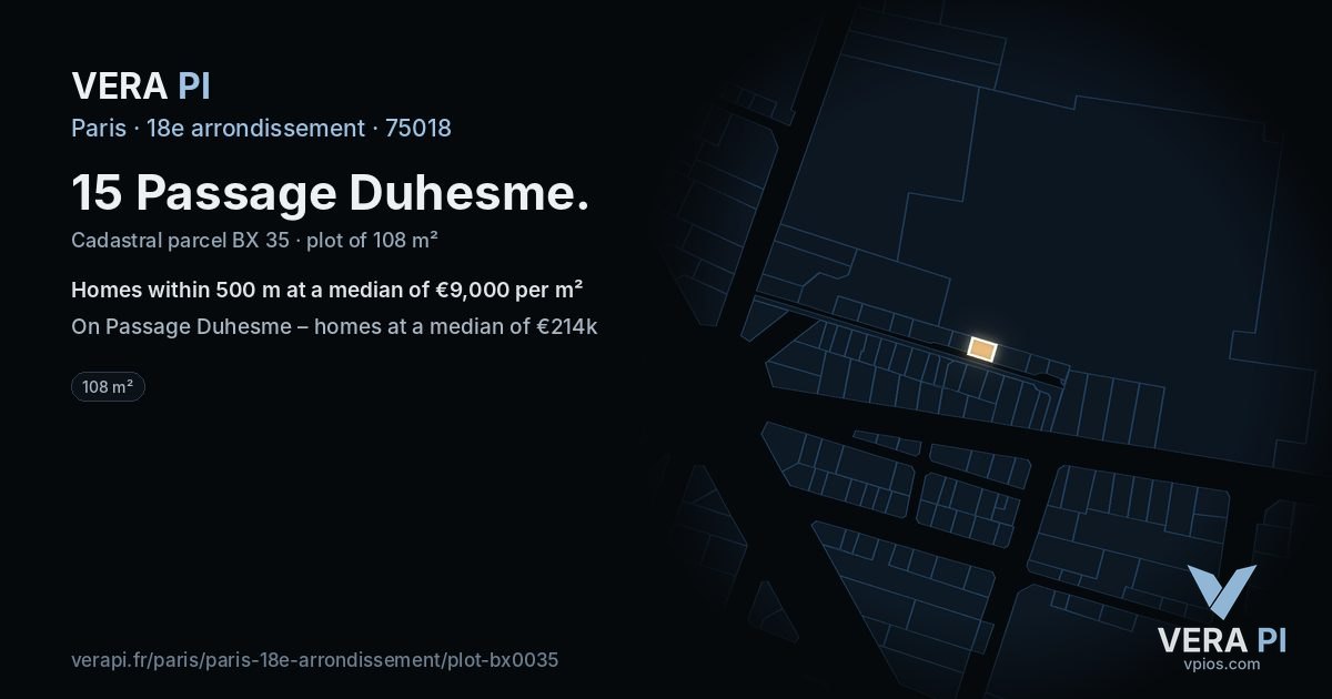 15 Passage Duhesme, 18e arrondissement at night – the plot lit, the parcels around coloured by the prices near them
