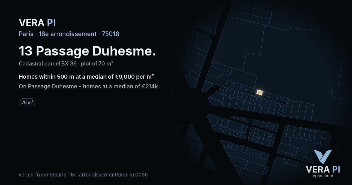 13 Passage Duhesme, 18e arrondissement at night – the plot lit, the parcels around coloured by the prices near them