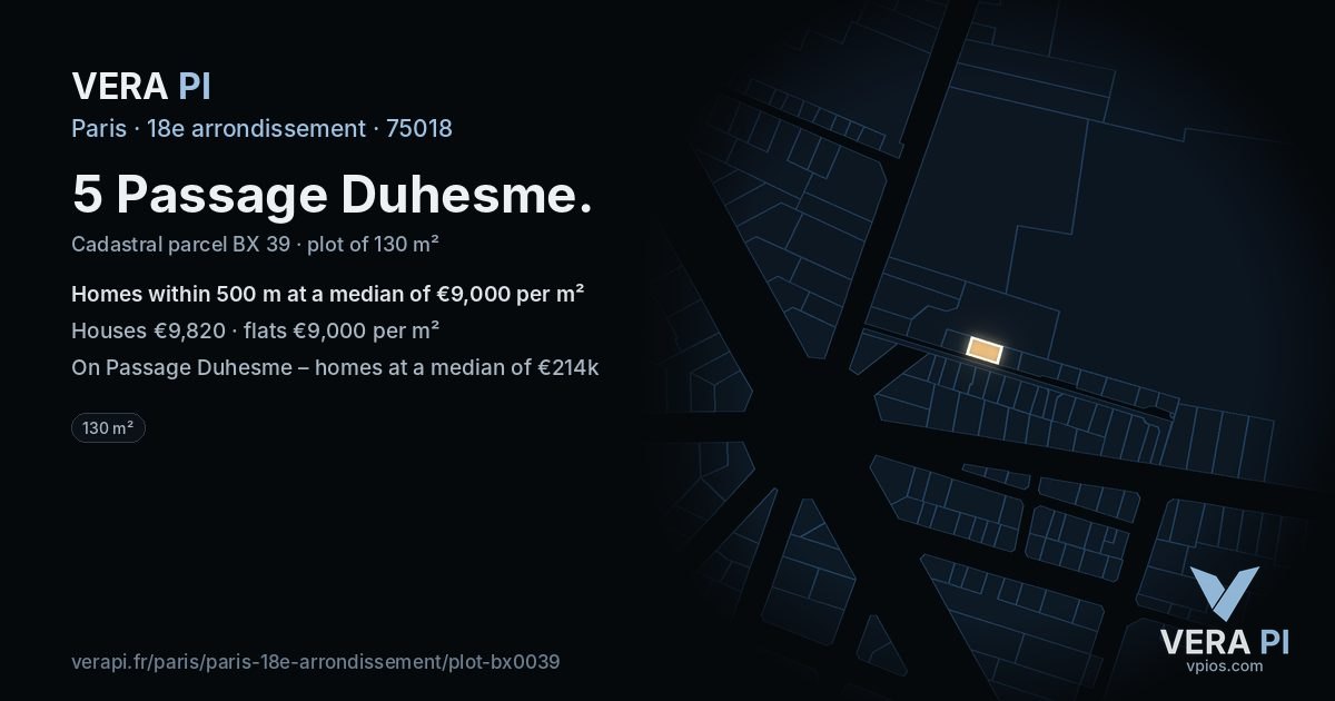 5 Passage Duhesme, 18e arrondissement at night – the plot lit, the parcels around coloured by the prices near them