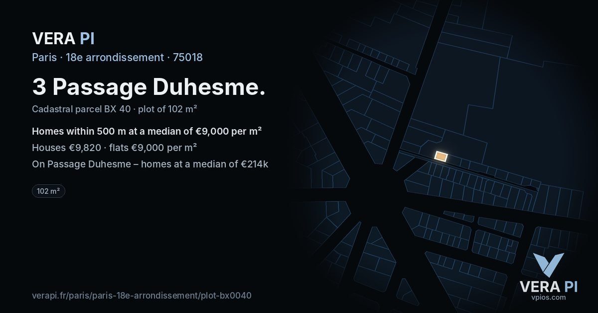 3 Passage Duhesme, 18e arrondissement at night – the plot lit, the parcels around coloured by the prices near them