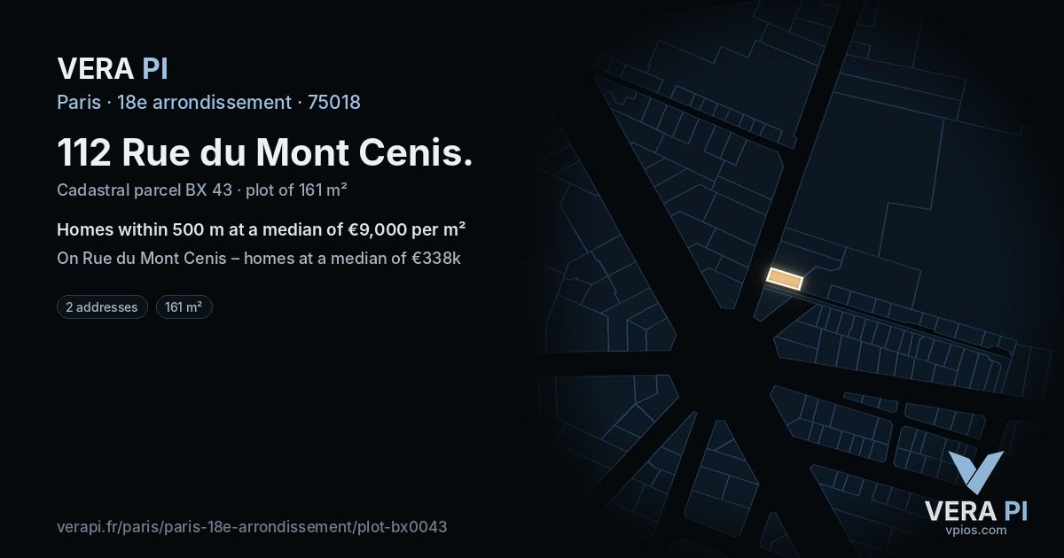 112 Rue du Mont Cenis, 18e arrondissement at night – the plot lit, the parcels around coloured by the prices near them