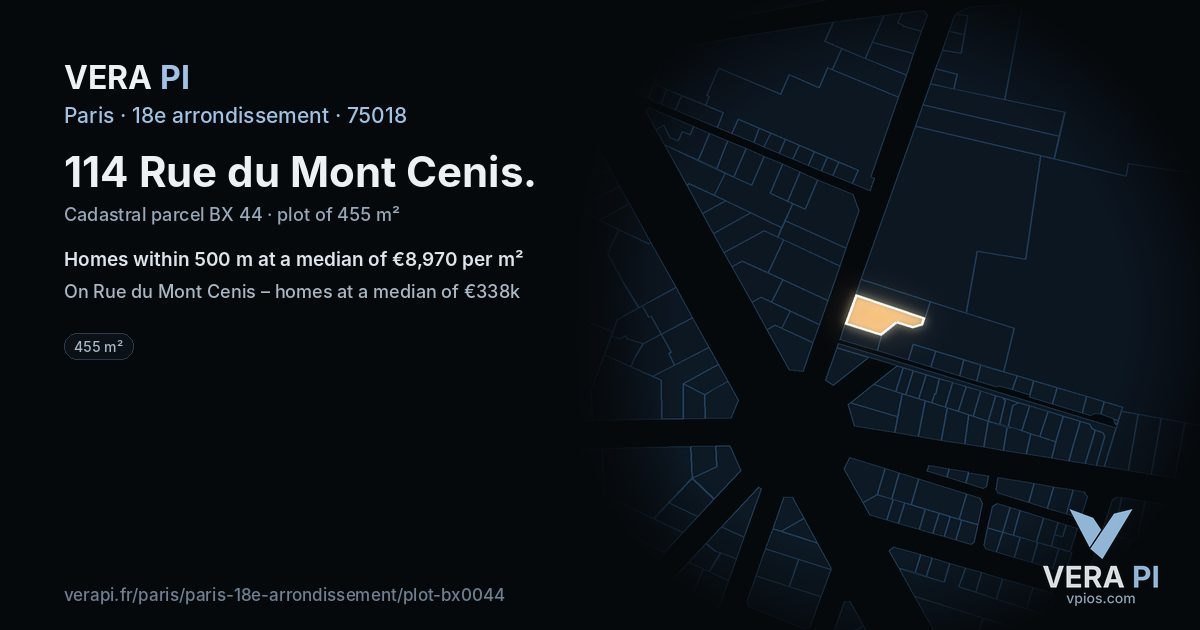 114 Rue du Mont Cenis, 18e arrondissement at night – the plot lit, the parcels around coloured by the prices near them