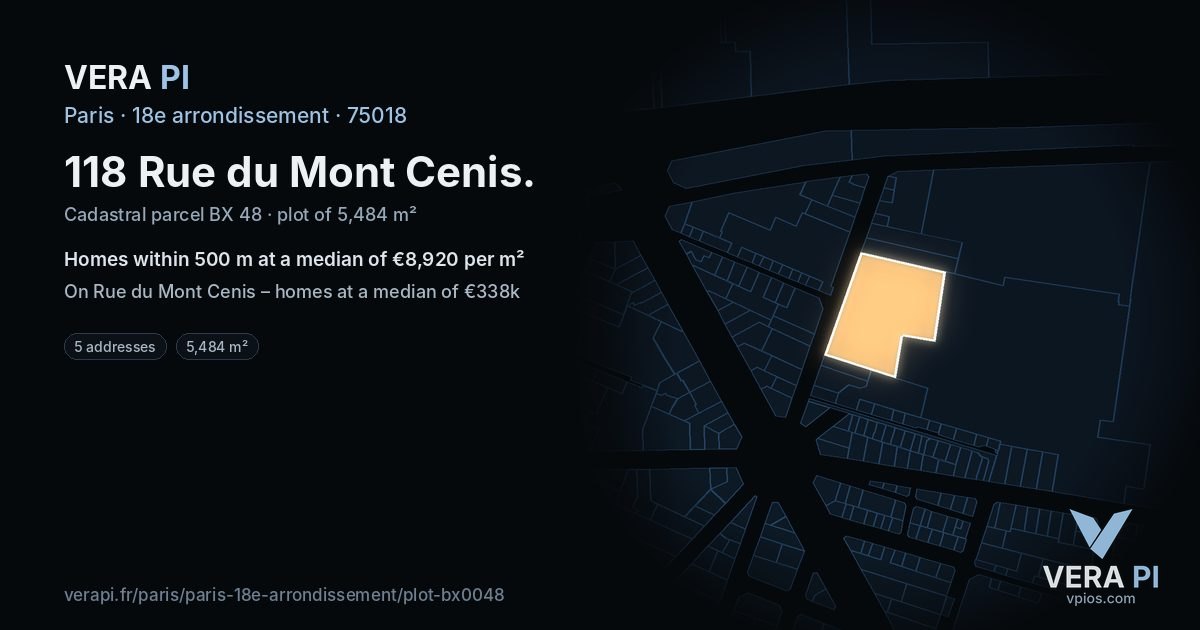 118 Rue du Mont Cenis, 18e arrondissement at night – the plot lit, the parcels around coloured by the prices near them