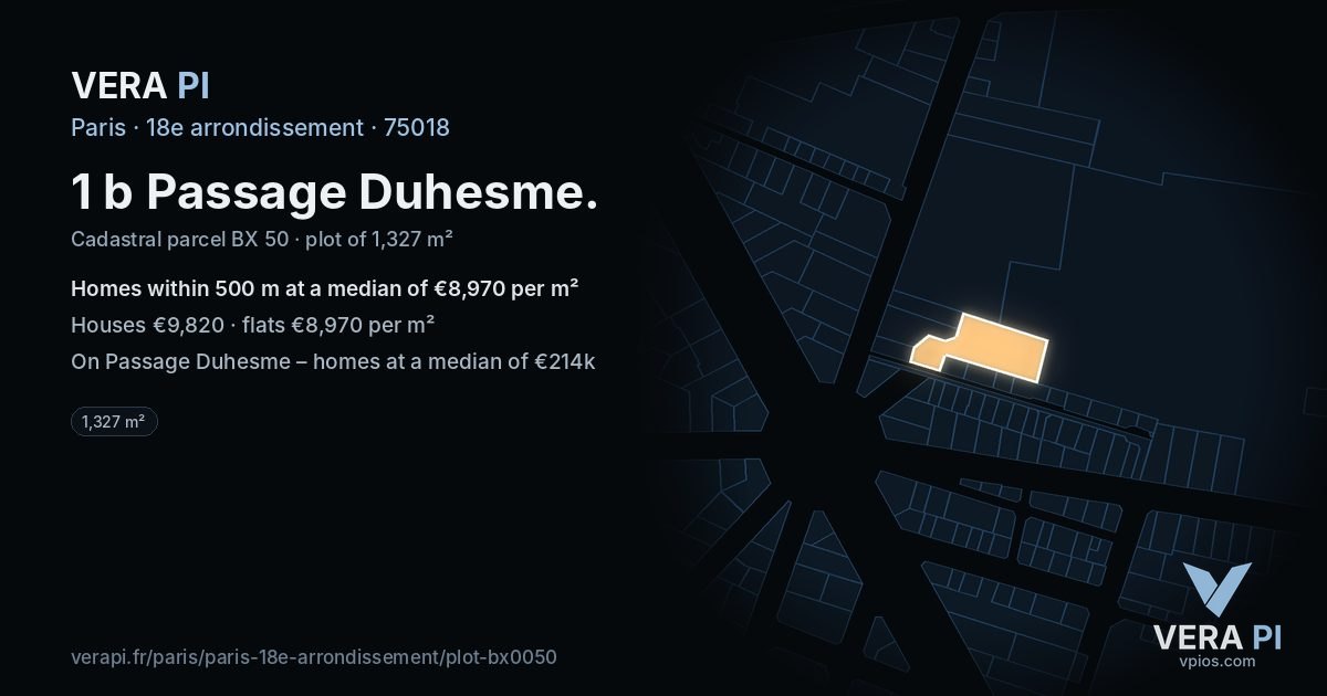 1 b Passage Duhesme, 18e arrondissement at night – the plot lit, the parcels around coloured by the prices near them