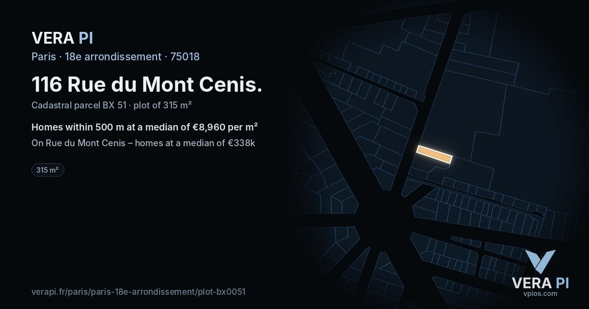 116 Rue du Mont Cenis, 18e arrondissement at night – the plot lit, the parcels around coloured by the prices near them