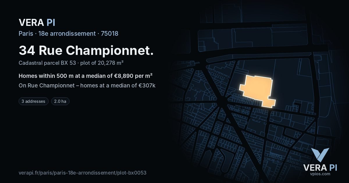 34 Rue Championnet, 18e arrondissement at night – the plot lit, the parcels around coloured by the prices near them