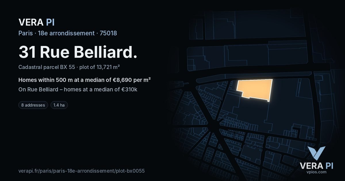 31 Rue Belliard, 18e arrondissement at night – the plot lit, the parcels around coloured by the prices near them