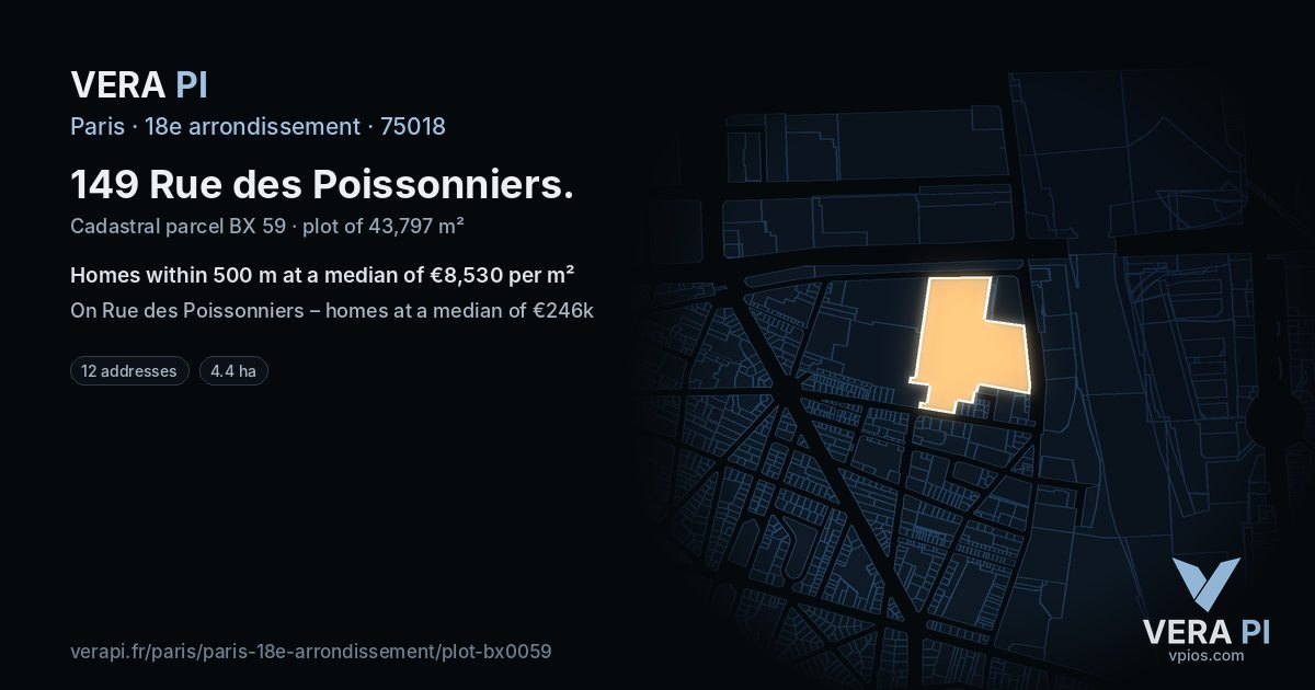149 Rue des Poissonniers, 18e arrondissement at night – the plot lit, the parcels around coloured by the prices near them