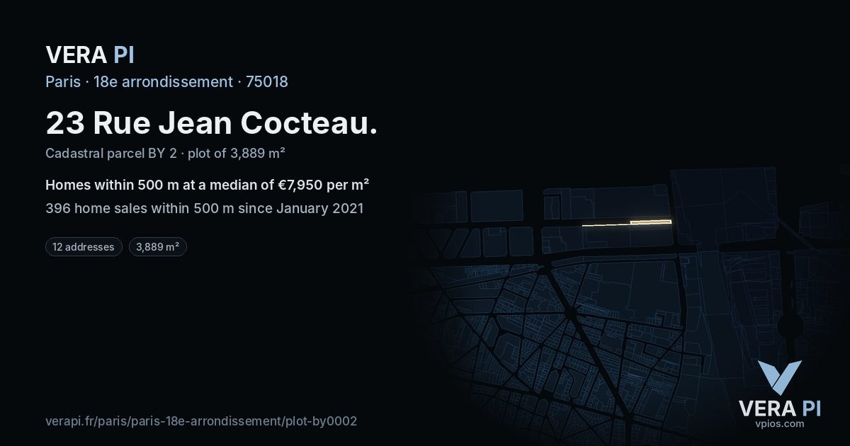23 Rue Jean Cocteau, 18e arrondissement at night – the plot lit, the parcels around coloured by the prices near them