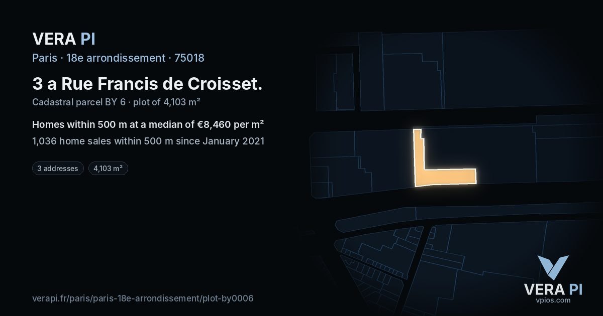 3 a Rue Francis de Croisset, 18e arrondissement at night – the plot lit, the parcels around coloured by the prices near them