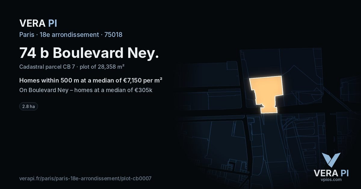 74 b Boulevard Ney, 18e arrondissement at night – the plot lit, the parcels around coloured by the prices near them