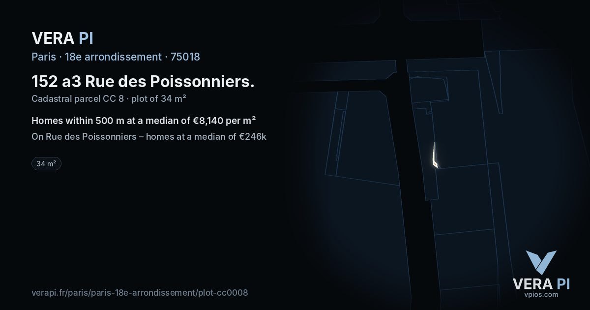 152 a3 Rue des Poissonniers, 18e arrondissement at night – the plot lit, the parcels around coloured by the prices near them