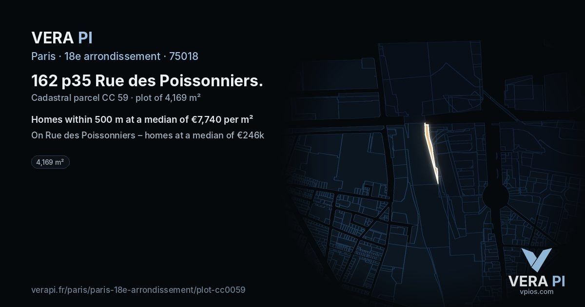 162 p35 Rue des Poissonniers, 18e arrondissement at night – the plot lit, the parcels around coloured by the prices near them