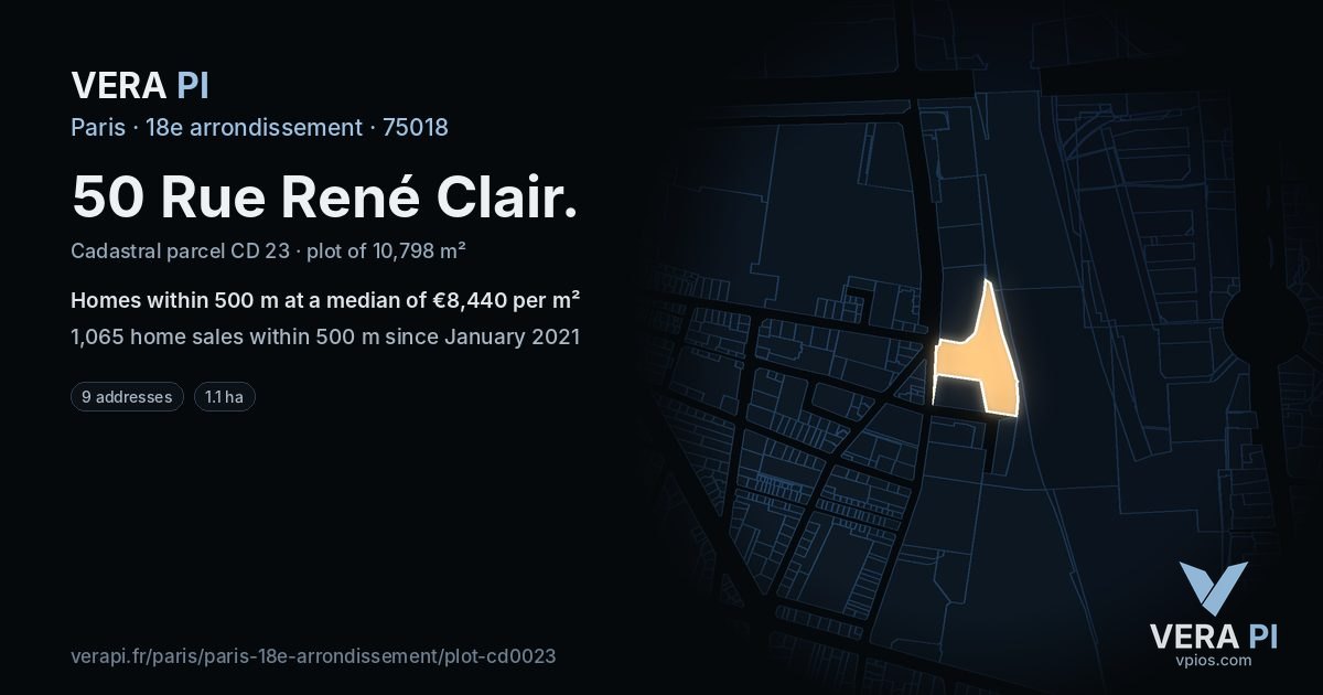 50 Rue René Clair, 18e arrondissement at night – the plot lit, the parcels around coloured by the prices near them
