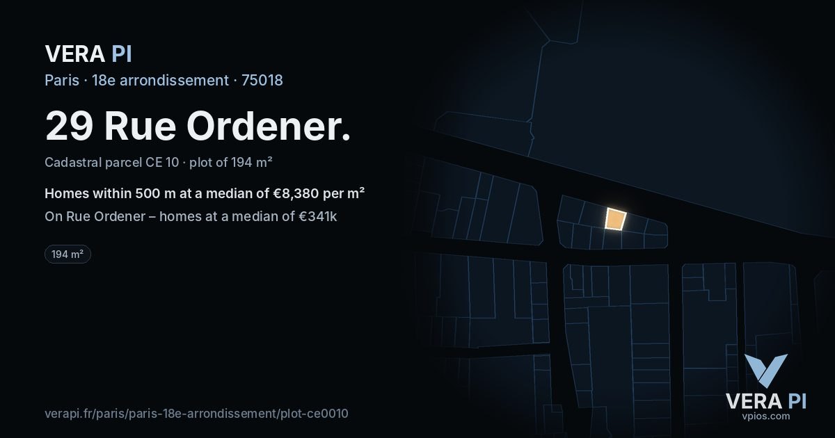 29 Rue Ordener, 18e arrondissement at night – the plot lit, the parcels around coloured by the prices near them