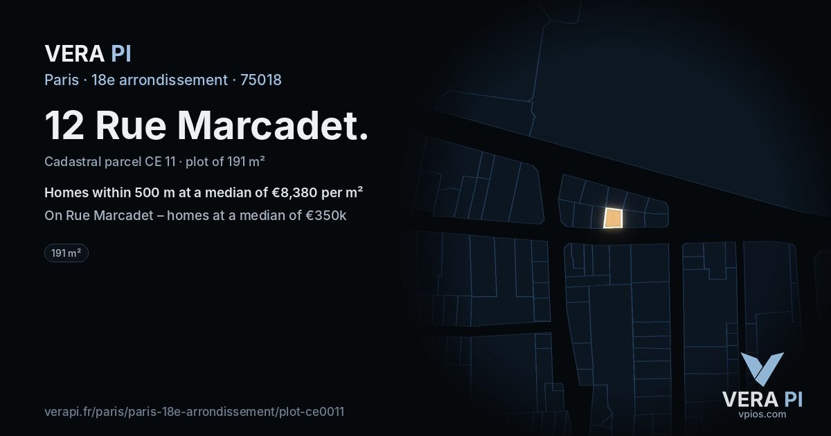 12 Rue Marcadet, 18e arrondissement at night – the plot lit, the parcels around coloured by the prices near them