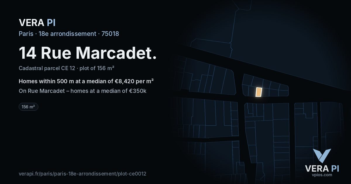 14 Rue Marcadet, 18e arrondissement at night – the plot lit, the parcels around coloured by the prices near them
