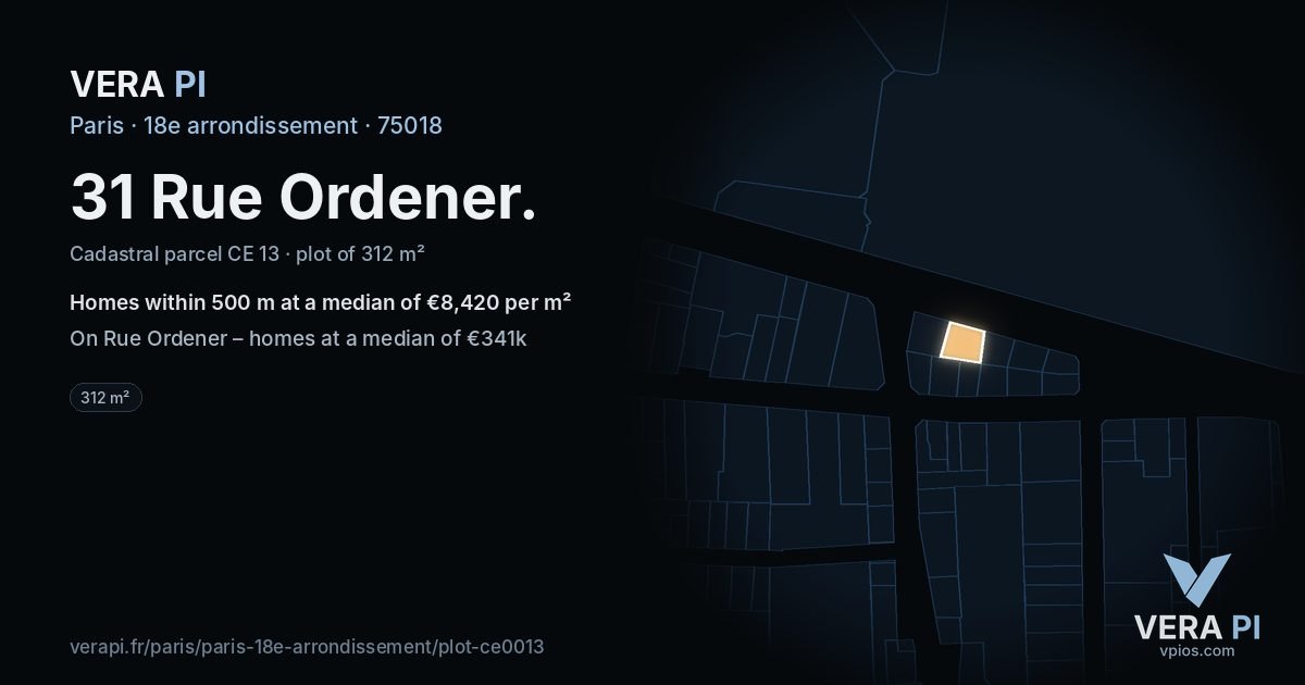 31 Rue Ordener, 18e arrondissement at night – the plot lit, the parcels around coloured by the prices near them