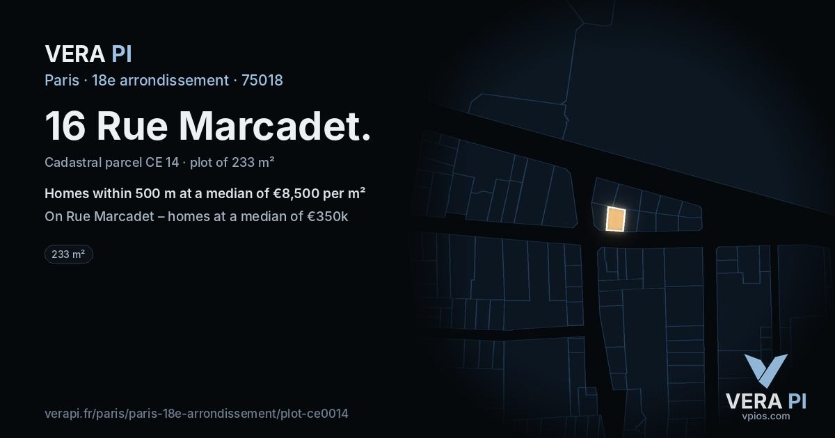 16 Rue Marcadet, 18e arrondissement at night – the plot lit, the parcels around coloured by the prices near them