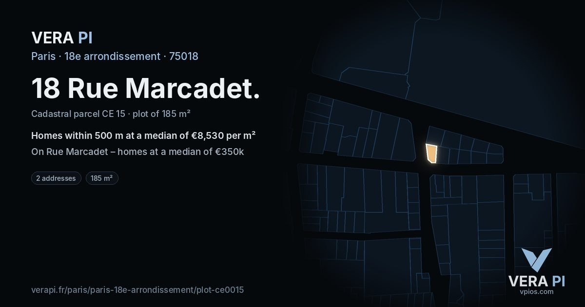 18 Rue Marcadet, 18e arrondissement at night – the plot lit, the parcels around coloured by the prices near them