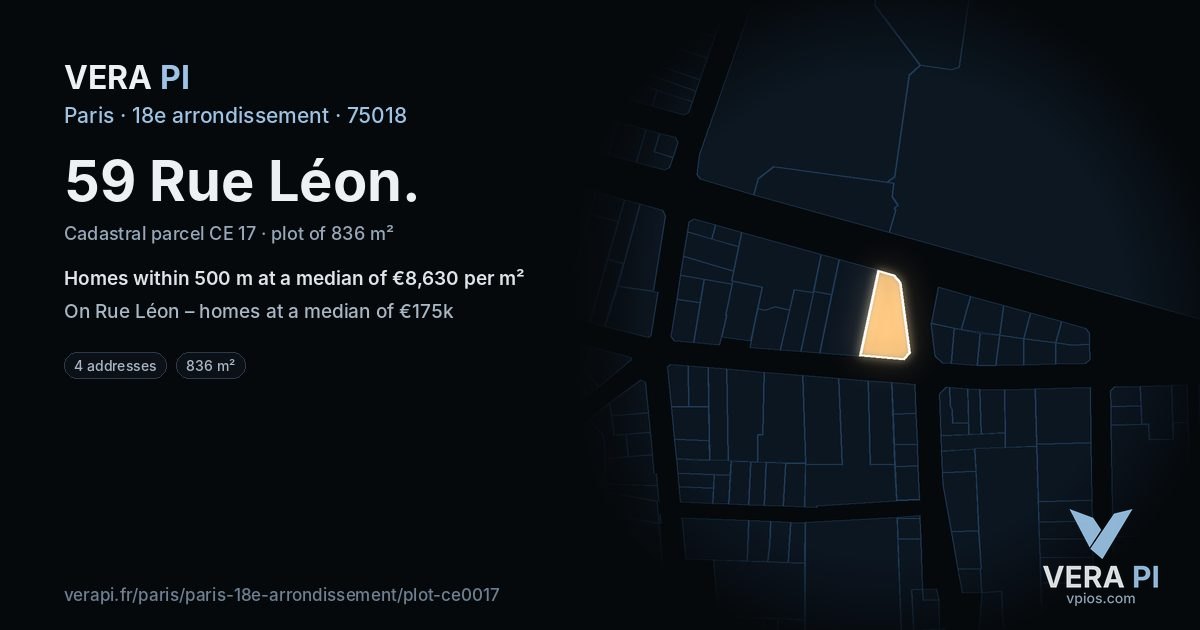 59 Rue Léon, 18e arrondissement at night – the plot lit, the parcels around coloured by the prices near them