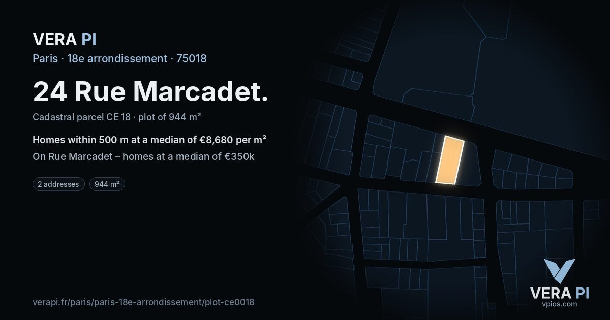 24 Rue Marcadet, 18e arrondissement at night – the plot lit, the parcels around coloured by the prices near them