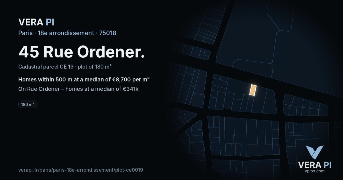45 Rue Ordener, 18e arrondissement at night – the plot lit, the parcels around coloured by the prices near them