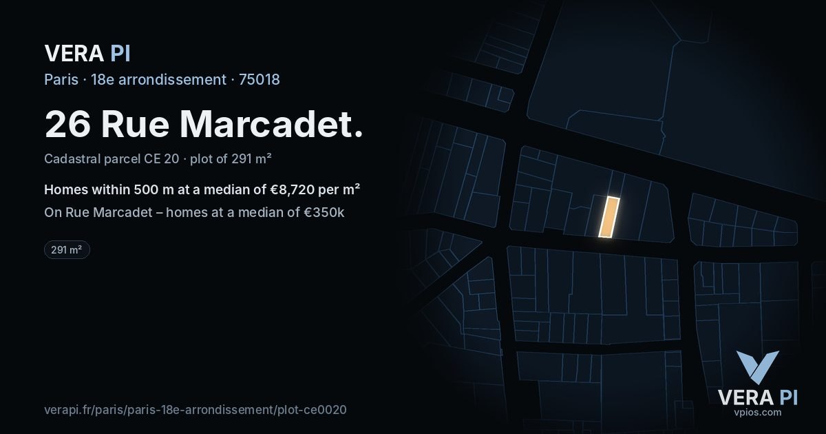 26 Rue Marcadet, 18e arrondissement at night – the plot lit, the parcels around coloured by the prices near them