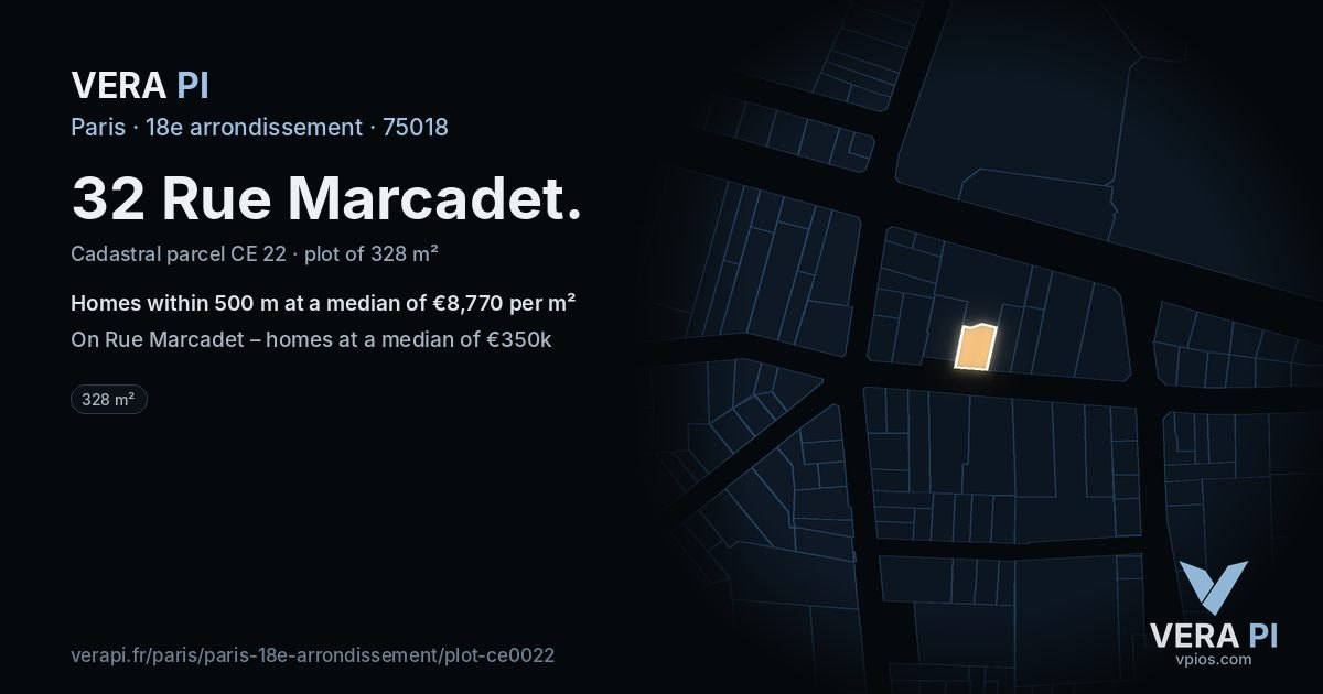 32 Rue Marcadet, 18e arrondissement at night – the plot lit, the parcels around coloured by the prices near them