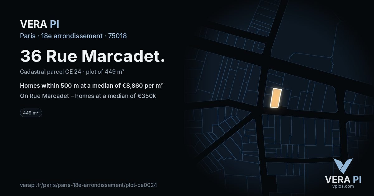 36 Rue Marcadet, 18e arrondissement at night – the plot lit, the parcels around coloured by the prices near them