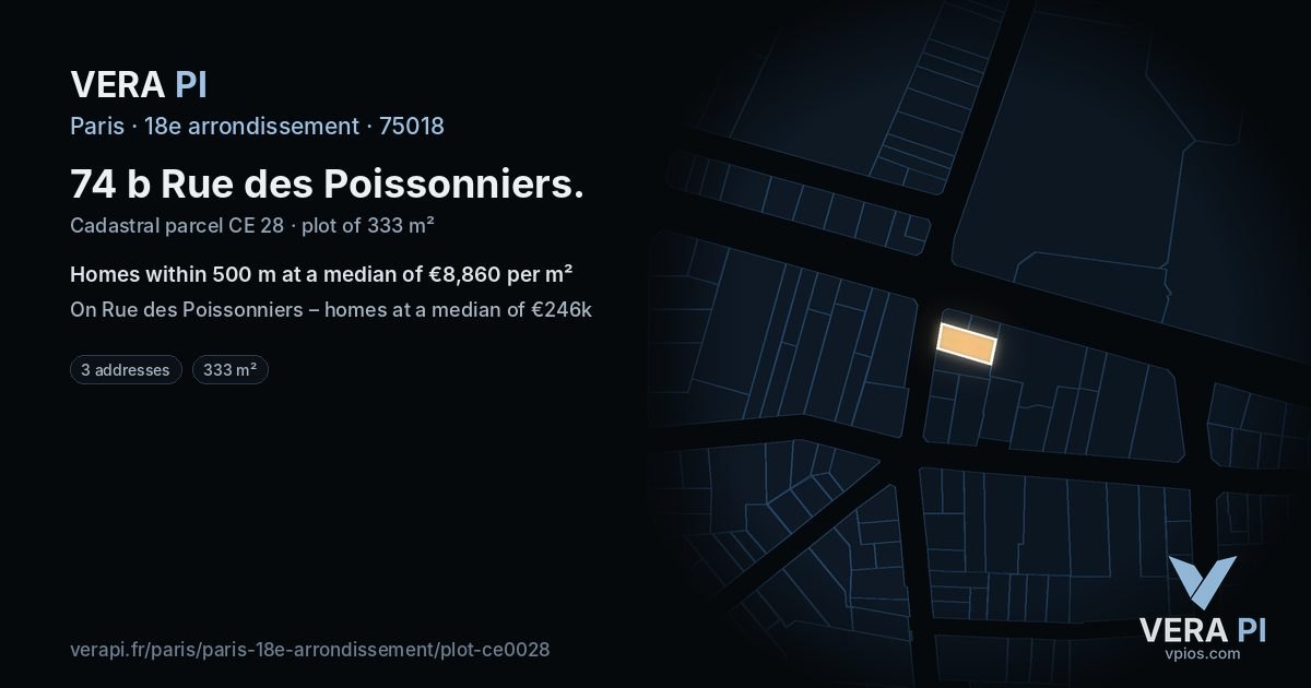 74 b Rue des Poissonniers, 18e arrondissement at night – the plot lit, the parcels around coloured by the prices near them