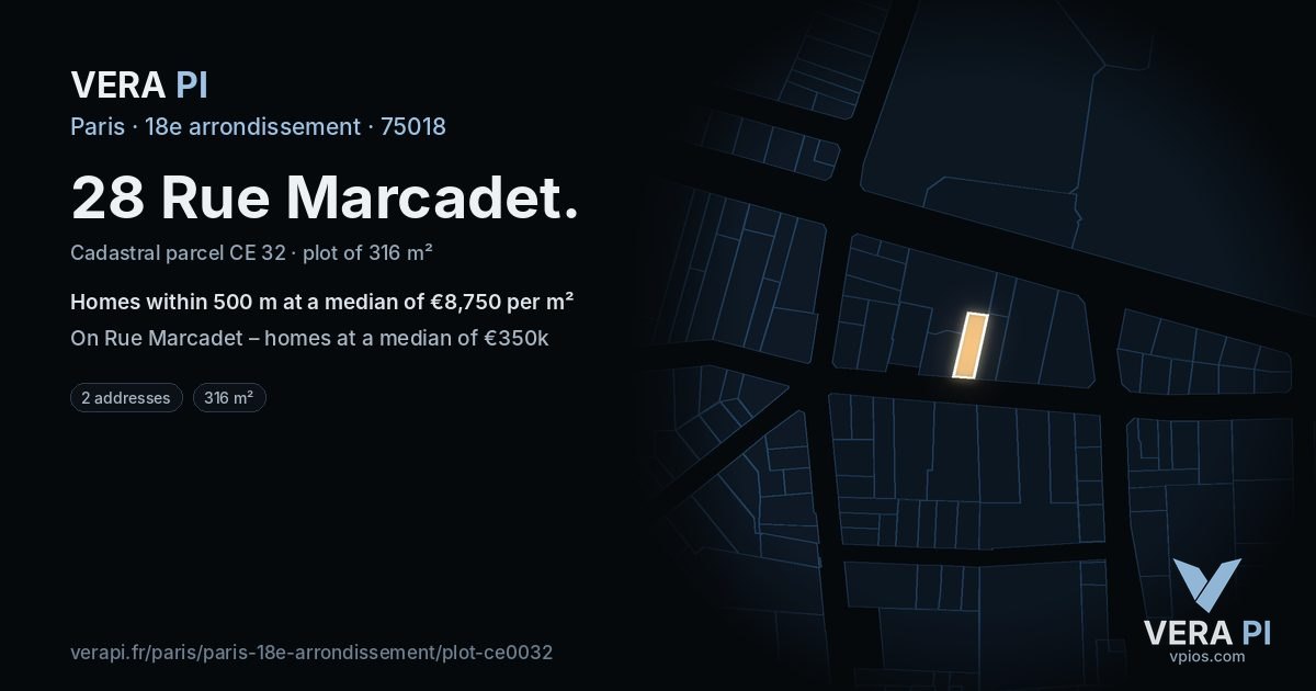 28 Rue Marcadet, 18e arrondissement at night – the plot lit, the parcels around coloured by the prices near them
