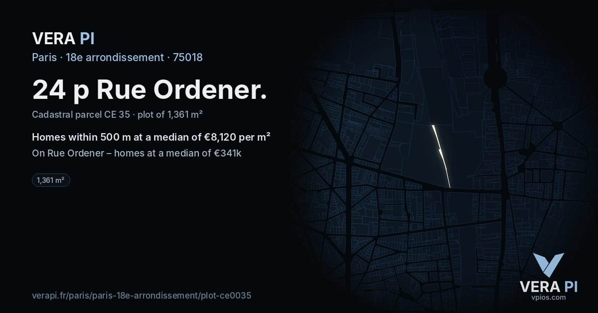 24 p Rue Ordener, 18e arrondissement at night – the plot lit, the parcels around coloured by the prices near them