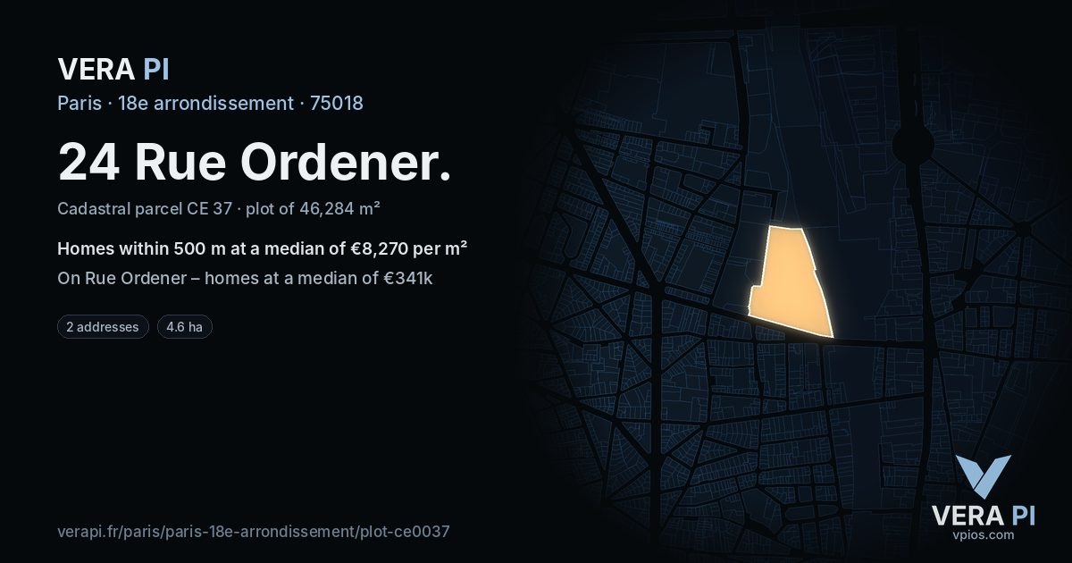 24 Rue Ordener, 18e arrondissement at night – the plot lit, the parcels around coloured by the prices near them