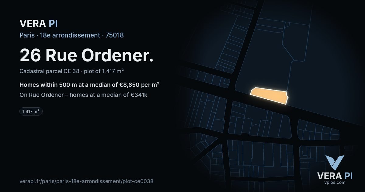 26 Rue Ordener, 18e arrondissement at night – the plot lit, the parcels around coloured by the prices near them
