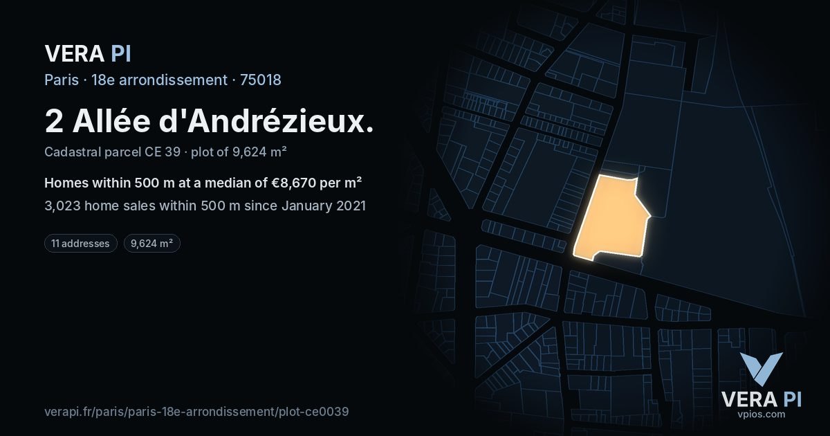 2 Allée d'Andrézieux, 18e arrondissement at night – the plot lit, the parcels around coloured by the prices near them