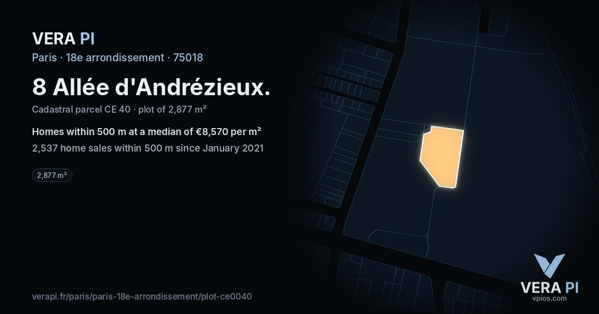 8 Allée d'Andrézieux, 18e arrondissement at night – the plot lit, the parcels around coloured by the prices near them